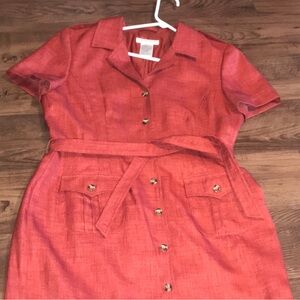 CLASSY VINTAGE Button-Front RED Coral Women’s Dress with Belt